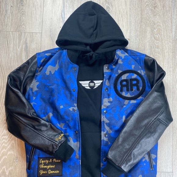 Blue and Black Custom Camouflage Men's Varsity Jacket. Size small,-2xl. - Picture 6 of 12